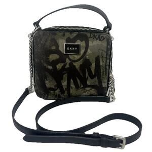 DKNY Graffiti Crossbody Green Black Logo Square Sm Camera Bag Chain Strap Street